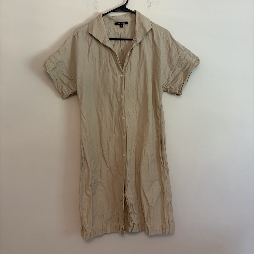Kal Rieman Beige Cotton Nylon Blend Kimono Shirt Dress Pockets Sz S Lagenlook
